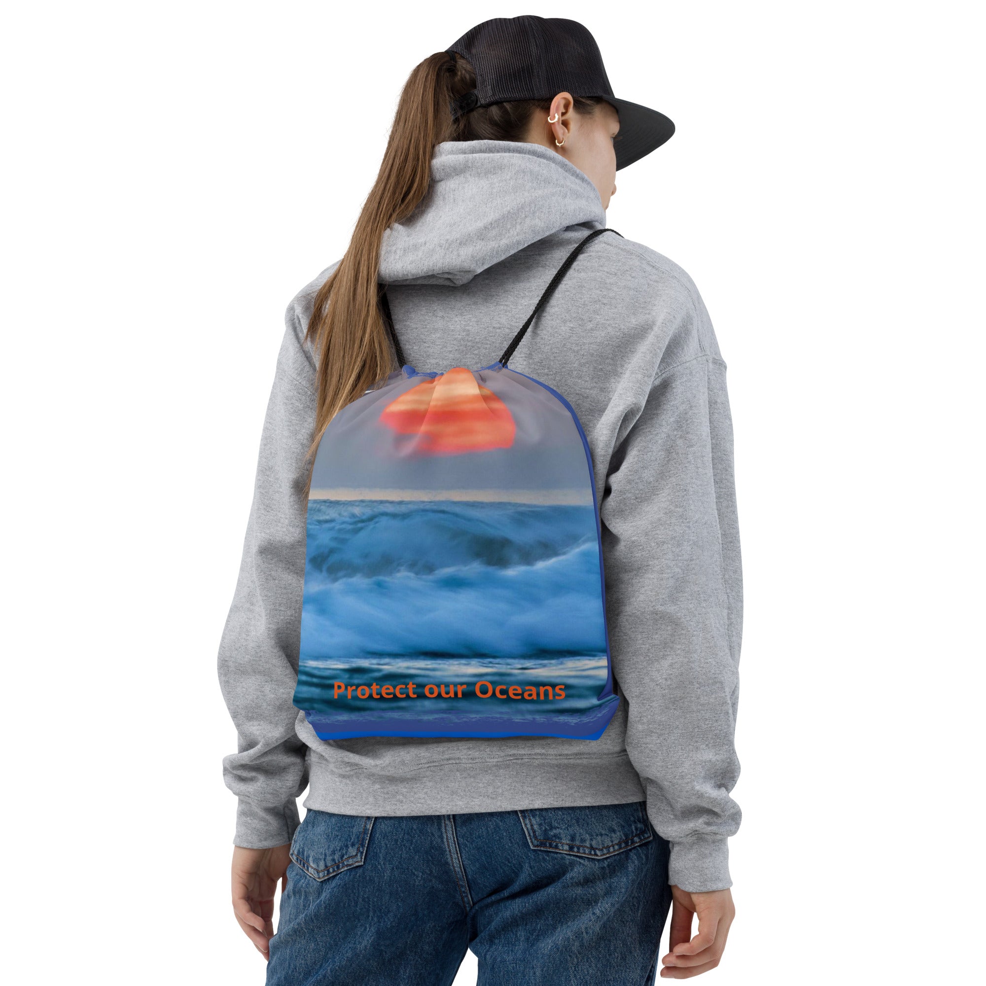 Back side of  "Protect our Oceans " drawstring bag