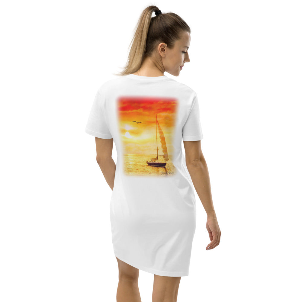 "OL"  Organic cotton t-shirt dress with sailboat sunrise